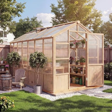 8x14 FT Wooden Greenhouse Kit, Walk-in Greenhouses with Wood Frame, Ventilated Window, Lockable Door & Polycarbonate Panels, Large Polycarbonate Greenhouse for Outside, Garden, Backyard, Patio, Lawn