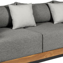 Armen Living Artesia Outdoor Patio Sofa in Teak Wood and Black Rope with Dark Gray Olefin Cushions