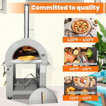 KOSTCH 32.5" Outdoor Duel Fuel Pizza Oven, 304 Stainless Steel Wood Fired & Propane Gas Pizza Oven with Temperature Gauge, Portable Pizza Oven on Wheels for Outside, Camping, Party (Silver)