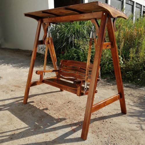 Wooden Porch Swing with Adjustable Canopy, Waterproof Patio Swing