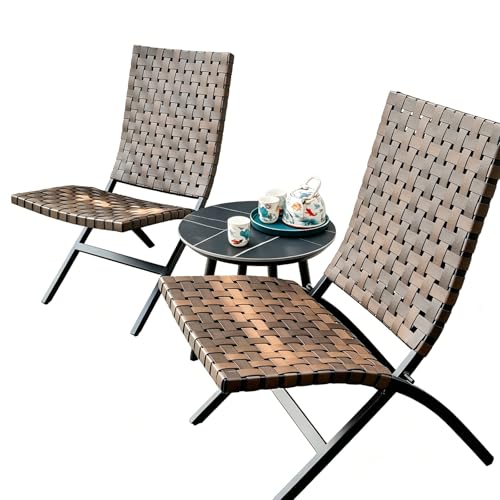 Labasuan 3 Piece Leather Texture Wicker Patio Chairs, All Weather Resistant Folding Adirondack Chairs with Side Coffee Table, Outdoor Leisure Seating for Garden, Balcony & Yard(A)