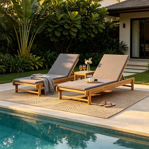 Patio Acacia Wood Chaise Lounge Set of 2, Outdoor Folding Chair Recliner