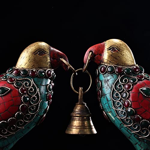 Generic 14" Tibetan Temple Collection Old Bronze and Gold Painted Gem Turquoise Bird Wind Chimes
