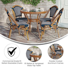 EMMA + OLIVER Soie Bistro Set Navy & White Rattan with Natural Frame