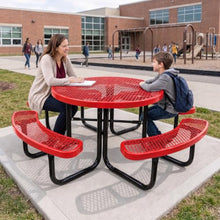 Barco Products SuperSaver 46 in Round Commercial Picnic Table, Red - Thermoplastic-Coated Expanded Metal, Seats 8, Portable or Surface Mount, 2 in Umbrella Hole, 10-Year Warranty