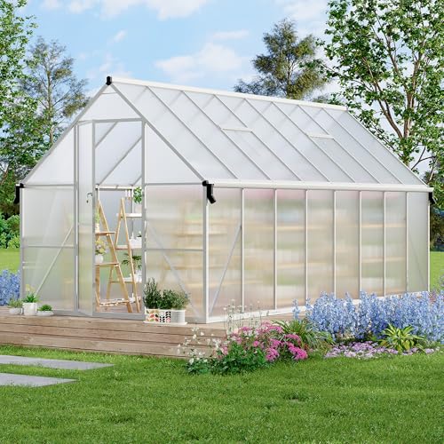 GarveeLife 8X16FT Polycarbonate Greenhouse with Aluminum Frame, Polycarbonate Greenhouse for Outdoors, Greenhouses with Ventilation and Rain Gutter, Aluminum Large Walk-in Greenhouses for Outside