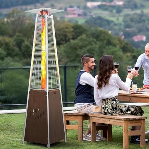 48,000 BTU Patio Heater with Wheels Propane Outdoor Heater for Terrace Garden Poolside 360° Pyramid Heater with Protective Cover Stainless Steel and Glass Brown