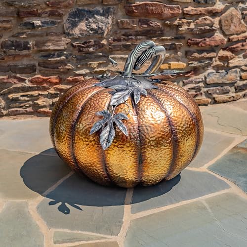 Zaer Ltd. Gold-Brushed Metal Pumpkin Decoration, Large Decorative Fall Harvest Accent, Indoor Outdoor Use, Shimmering Orange (37" Tall)