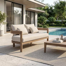 Outdoor Escape Beige Fabric Upholstered 65-Inch Outdoor Patio Loveseat, Cushioned Seat, Contemporary Style, Durable Construction for Outdoor Living