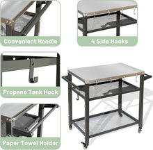 RCJCQSR 3-Shelf Outdoor Grill Table, Movable Stainless Steel Flattop Grill Cart, Multifunctional Metal Work Table Dining Cart Table with Double-Shelf for Indoor & Outdoor Cooking