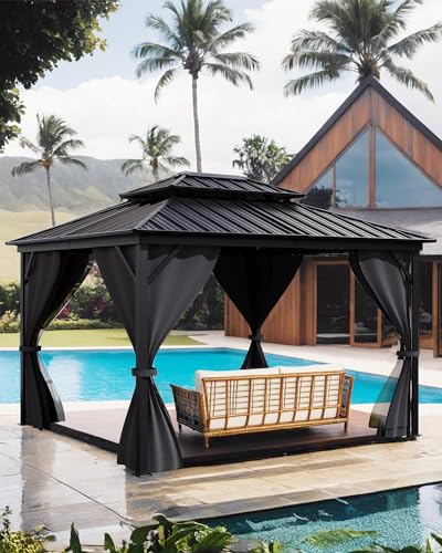 GarveeLife Hardtop Gazebo 10'x12' All Weather with Double Metal Roof, Aluminum Frame, Net & Curtain Gray