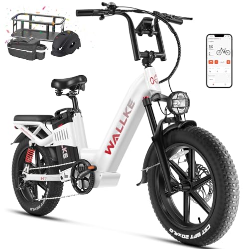 W Wallke Electric Bike for Adults 48V 40Ah 1600W/2800W Peak Dual Motor Fast Long Range Ebike 20 inch Fat Tire Full Suspension Electric Bicycle 31/34MPH Step Thru E-bike APP Control UL2849 Certified White