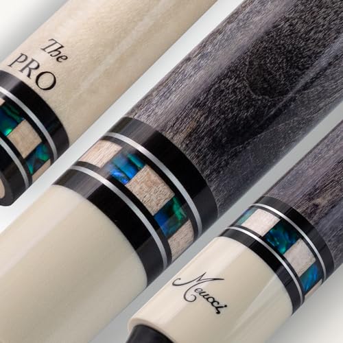Meucci Pool Cues - Merry Widow Blue & Gray Maple Cue Stick with Paua Shell Squares Design, Irish Linen Wrap - Smoke Stain, Blue/Black Lacquered Linen