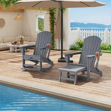Folding Adirondack Rocking Chair with Retractable Ottoman & Cup Holder, Outdoor HDPE Rocking Chair with Footrest, 380LBS Capacity, All-Weather Portable Patio Rocker for Backyard, Porch, Camping