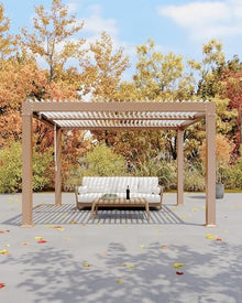 10x10FT Louvered Pergola, Modern Style Outdoor Pergola with Adjustable Louvered Roof, Reinforced Aluminum Frame, Integrated Drainage System, Hardtop Gazebo for Patio, Deck, Wood Grain