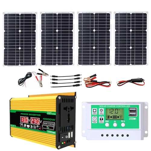 ZXDZTZ 4000W Complete Solar Inverter Kit with 50A Controller and 100W Solar Panel Home Grid System Solar Generator for Home and Outdoor Power System(Yellow,12V-110V)