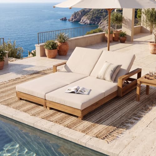 Double Acacia Wood Chaise Lounge Set, 1 Double Recliner with 2 Pieces 3-Fold Cream Cushions, 4-Position Adjustable Backrests, 4 Inch Water Resistant Cushion, 800 LBS Load Capacity for Patio, Poolside