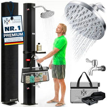 KESSER Solar Shower 40 Litre Solar Garden Shower with Metal Shower Shelf & Protective Cover Hot Water Max 60°C Without Power Connection Pool Shower Camping Rain Shower Head and Tap Black