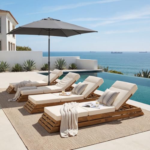 Merax 4-Piece Teak Acacia Wood Chaise Lounge Set with 4-Fold Cushion, Beige