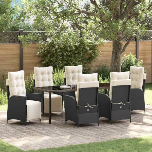 LPERTGFHU 7 Piece Garden Dining Set, Black Poly Rattan Patio Furniture with Adjustable Footrests, 6 Chairs and Tempered Glass Table for Backyard Outdoor Seating