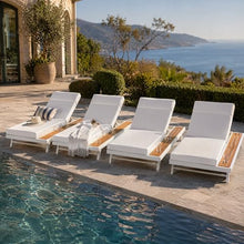 Merax 4 piece White Iron Teak Finish Chaise Lounge Set with 4" Thick 4-Fold Cushion with Headrest, 400 lbs Capacity, Adjustable Backrest with Flat Storage Surface for Patio, Poolside, Backyard, Cream
