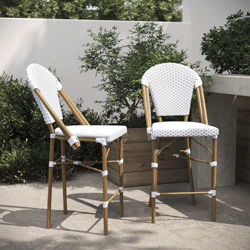 BizChair Set of 2 Stackable Indoor/Outdoor Bistro 26" High Counter Height Stools, Commercial Grade, White/Gray and Bamboo Finish
