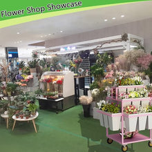 Metal Outdoor Flower Display Stand with Flower Display Stand with 18 Buckets, Flower Cart Display Stand with Wheels，Flower cart for Florist, Patio Garden (Pink)