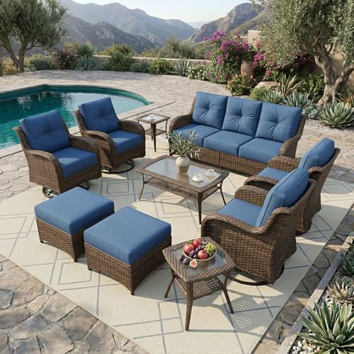 SAILARY Patio Furniture Set, 10PCS Outdoor Wicker Conversation Set with 6" Thick Cushions, High Back Rattan Sofa & Swivel Rocker Chairs, Weather Resistant Olefin Fabric for Garden, Poolside, Navy Blue