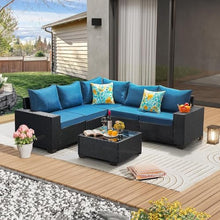 HTERWQEA 6-Piece Outdoor Patio Furniture Set, All-Weather PE Rattan Sofa with Glass Coffee Table, Garden Conversation Set for Patio or Backyard