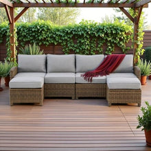 Outdoor Escape Brown Wicker Patio Sectional 4 Piece Set, Outdoor Couch with Gray Cushions, Two Loveseats and Ottomans for Porch, Balcony, or Garden