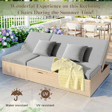 SRECELL Outdoor Double Sunbed, 2-Person Wicker Rattan Patio Daybed with Adjustable Backrest & Seat, Cushioned Reclining Chaise Lounge with Cup Trays for Backyard, Garden, Poolside,(Yellow + Gray)