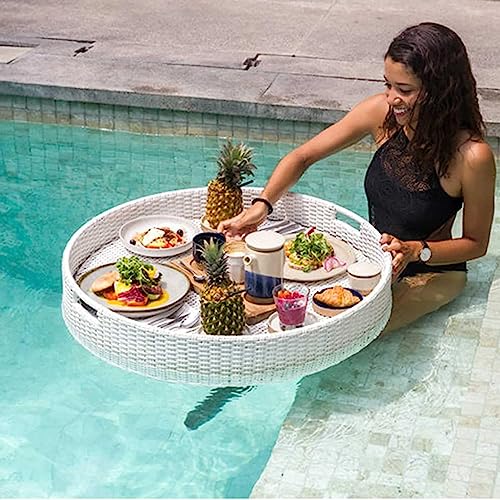 COMAAM loating Serving Trays Table Bar 60cm/80cm Luxury Floating Tray for Pool - Floating Pool Tray,Rattan Woven Serving Tray, Floating Tray for Pool with Handles,White60cm