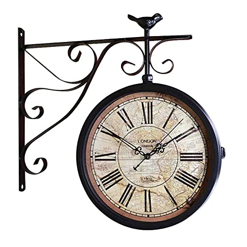 Outdoor Wall Clock Hanging Retro Double Sided Battery Powered Metal Mount Vintage Garden Coffee Bar Decoration Round Station for Indoor and Outdoor Home Garden Unique Wall Clocks