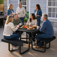 Homyee Metal Picnic Table & Built-in Bench Set with Rounded Table Corners and Umbrella Hole for Backyard, Outdoor Table and Bench Set with Steel Frame and Slotted Design for Lawn (Black)