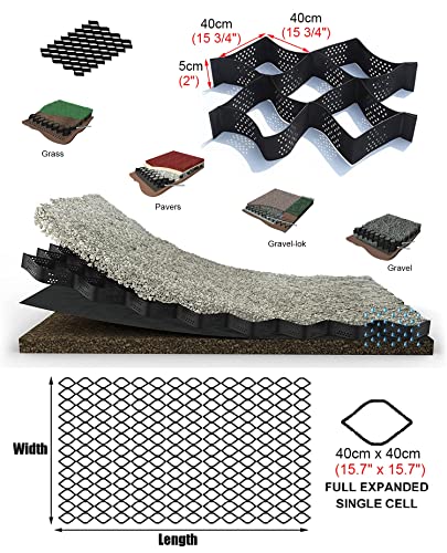 AMHUKIP Driveway Geogrid Stabilizer - Heavy-Duty HDPE Ground Grid for Gravel and Erosion Control (3ft-164ft) - 2" & 4" Heights(3x10 m (10x33 ft) 5cm/2" High)