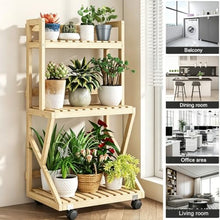 ARTUNV 3 Tier Ladder Plant Stand With Wheels, Wooden Slatted Flower Display Rack, Portable Rolling Storage Shelving For Terrace, Lawn & Home Decor(Size:70cm/27in,Color:Brown)