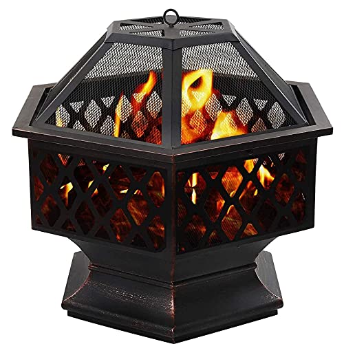 Fire Pit Metal Outdoor Wood Burning Firebowl Fireplace with Spark Screen Retardant Mesh Lid and Poker for Outside Backyard Deck