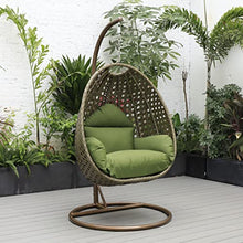 LeisureMod Wicker Rattan Hanging Egg Swing Chair with Stand & Cushion - Dark Green Swing Chair for Indoor/Outdoor, Patio, Bedroom, Lounge Seat