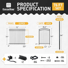 Fencer Wire 76FT Heavy Duty Pinnacle Fence Barrier Kit, Anti-Rust Metal Steel Fence with 6FT Height X 6FT Width Panels, with Arched Gate, Posts, Connectors, Outdoor Fencing for Yard