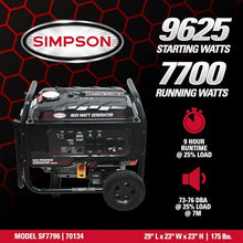 Simpson 9625 Watt Portable Generator, Quiet Gas Generator with Handle and Wheels, 2 120V Duplex Outlets, 120V/240V 4-Prong Outlet, 120V 3-Prong Outlet, 7700 Running Watts, CO Sensor (SF7796)