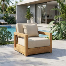 Outdoor Escape Teak Wood Armchair with Cushioned Seat, Stylish Indoor-Outdoor Lounge Chair for Patio, Garden, Contemporary Design