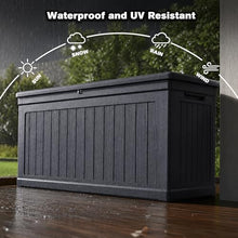 SWLJKU XXL Deck Box Outdoor Storage, Large Waterproof Resin Patio Furniture Cushion Organizer, Heavy Duty Lockable Garden Bench with Double-Wall Construction, Wood Grain Black (260, Gallons)