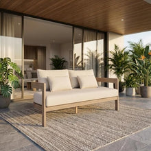 Outdoor Escape Beige Fabric Upholstered 65-Inch Outdoor Patio Loveseat, Cushioned Seat, Contemporary Style, Durable Construction for Outdoor Living