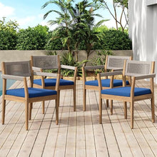 callmego Natural Acacia Wood Outdoor Dining Chairs – Rustic Teak-Look Patio Seating with Woven Rope Accents and Weather-Resistant Cushions (Navy + Teak+ Beige + Acacia Wood + Fabric + Rope-1)