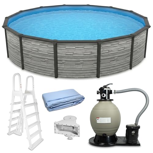 Blue Wave Montilla 24-ft Round 52-in Deep Hard Sided Steel Frame Above Ground Pool with 6-in Steel Top Seats, Dual-Speed Sand Filter System, Ladder, Skimmer & Liner – 12,600 Gallon Cap for Family Use