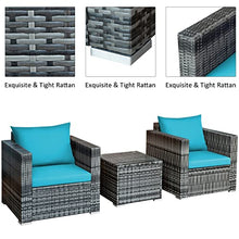 3 PC Patio Rattan Furniture Bistro Set Cushioned Sofa Chair Turquoise Single Sofa Coffee Table