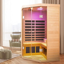 GDFStudio 47.24" 2 Person Hemlock Far Infrared Corner Sauna Large Glass Front Deluxe Transparent Cabin 1520W 7 Panel Heater 110V/120V APP Control Bluetooth Audio LED Light Spa Room