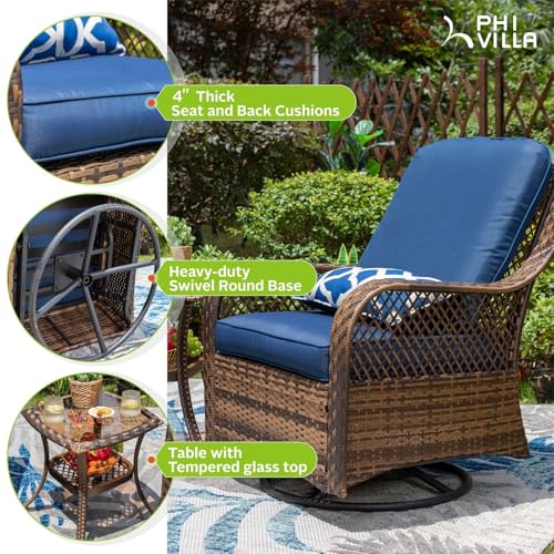 PHI VILLA Oversized Outdoor Swivel Rocker Chairs Set 3 Piece Navy Blue