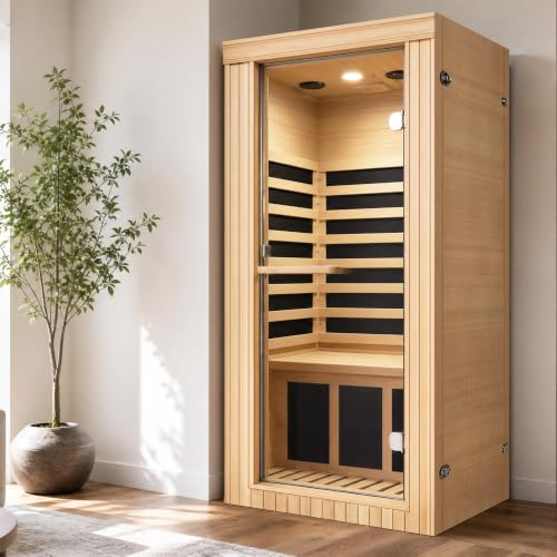 27.5" 1020W Canadian Hemlock Single Person Far Infrared Sauna Room, Mini Indoor Sauna Cabin with Epoxy Board Heating, White Tube Light, Oxygen Bar, 100kg Seat Capacity, Compact Home Wellness Space