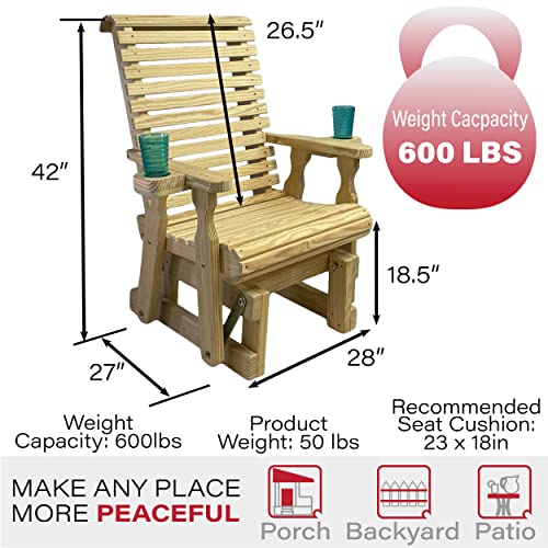 Amish Casual Heavy Duty 600 Lb Roll Back High Back Treated Glider Chair with Cupholders (Unfinished)
